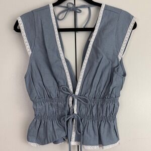 WAYF Chambray Blue Linen Blend Smocked Peplum Lace Trim Tie Front Top Medium NEW